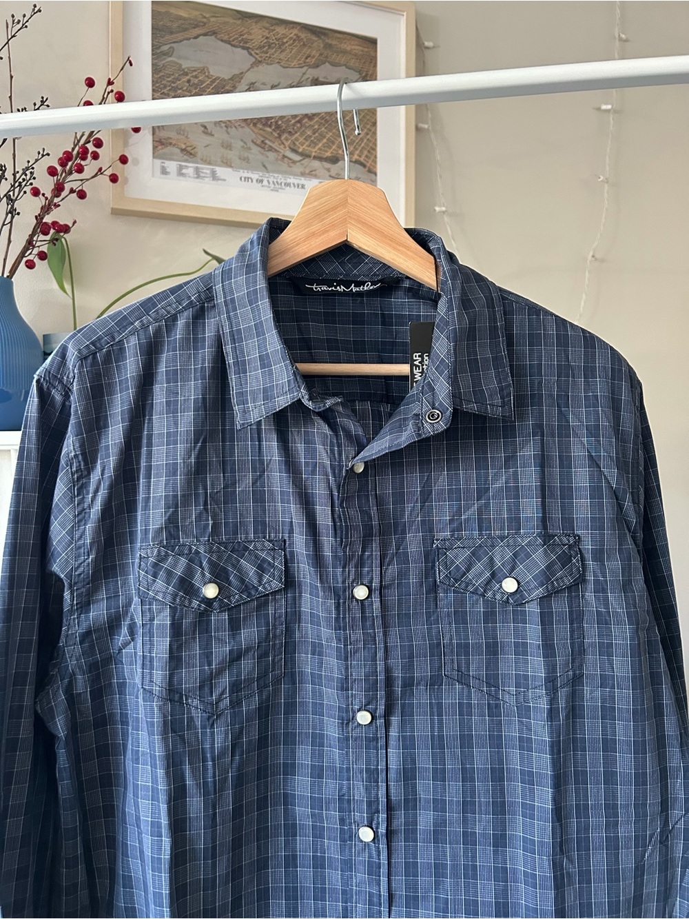 Travis Mathew Blue Plaid Casual Button-Down Pearl Snap Button Shirt